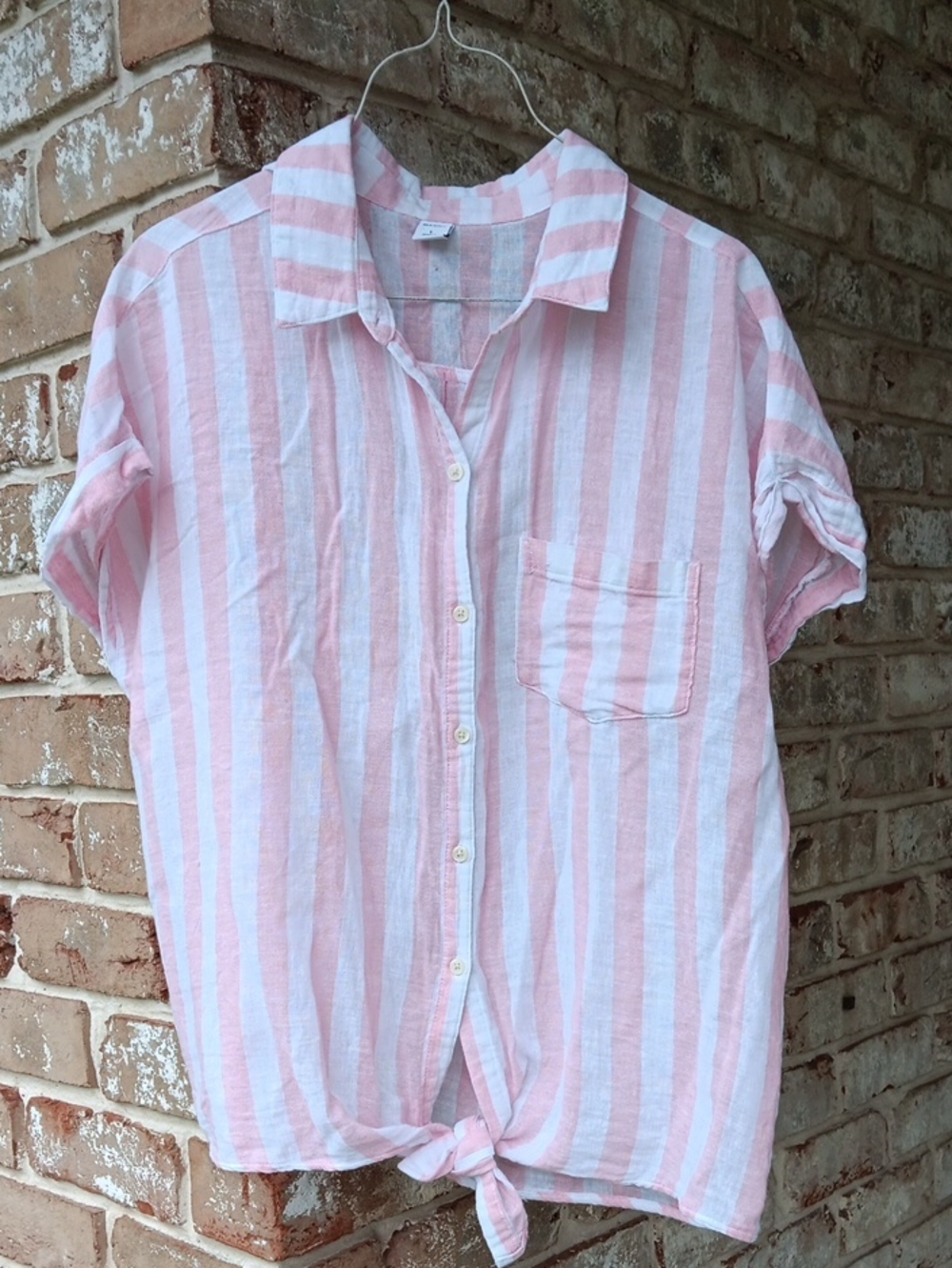Linen/ Cotton Pink & White Striped Tie-Front Shirt
